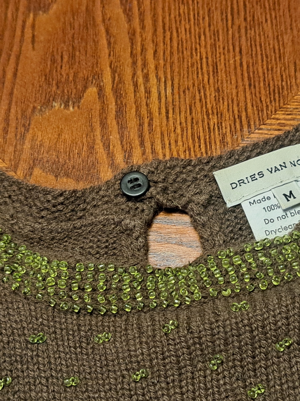 Dries Van Noten Brown Crewneck Sweater with Green Beaded Neckline